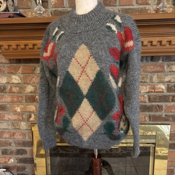harve bernard Gray Mohair Chunky Small Argyle Pullover Sweater - Picture 2 of 8